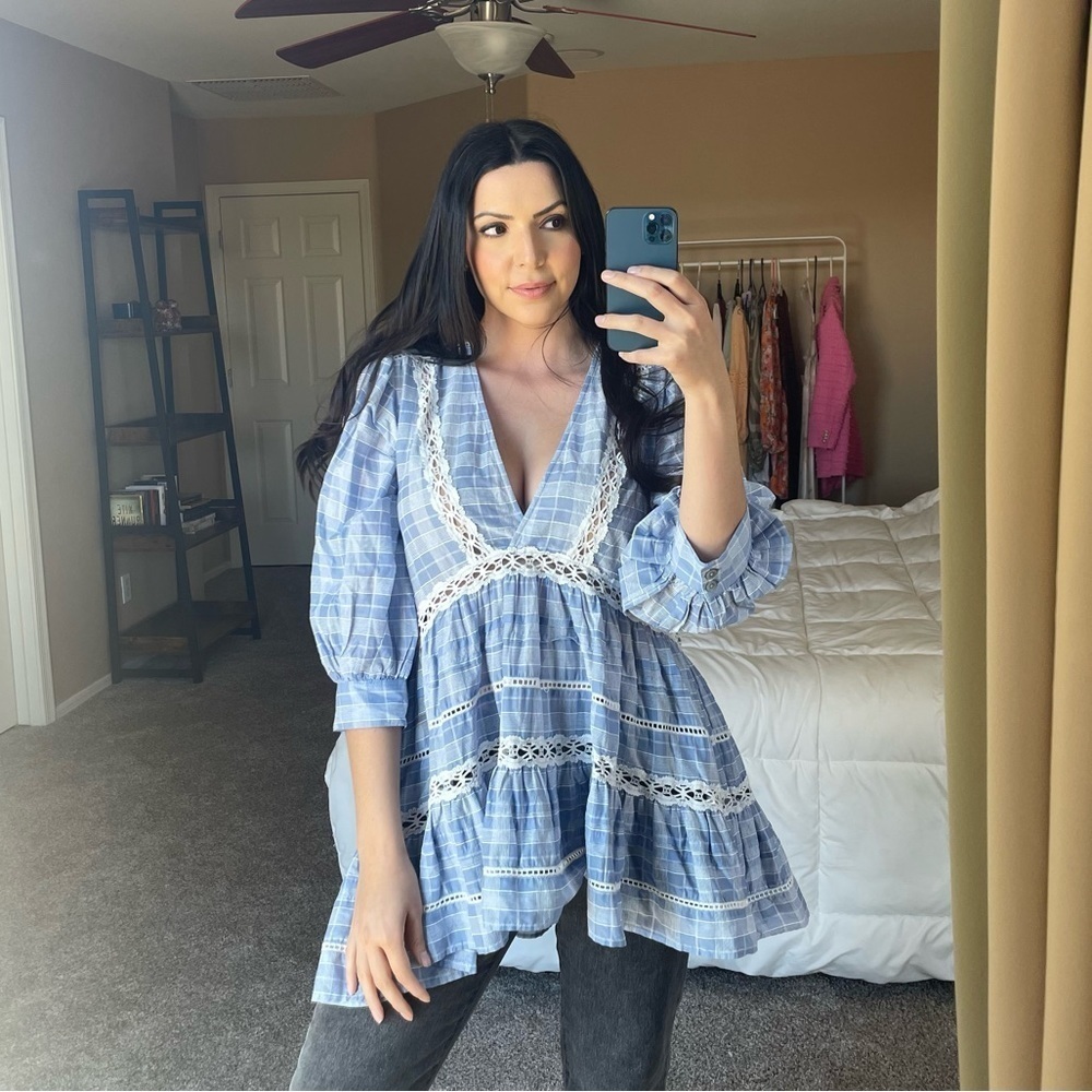 Free People Surplice Blue Plaid Flowy V neck Top